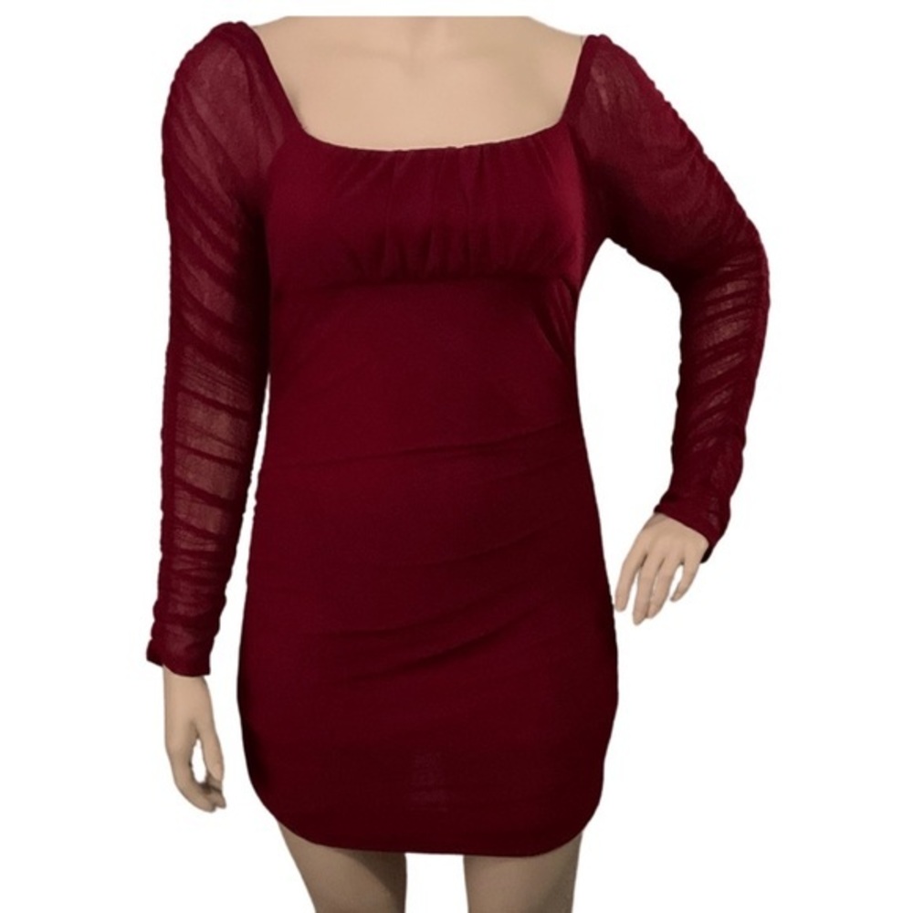 Dark Red Sheer Sleeve Dress